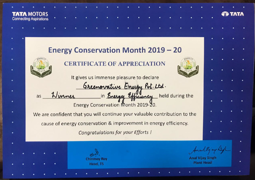 Greenovative’s IoT solutions earn certification appreciation at Energy Conservation Month by Tata Motors